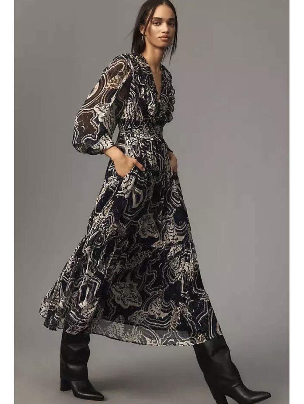 Printer Johnson Dress Anthropologie Long-Sleeve V-Neck Textured Midi Size MP NEW